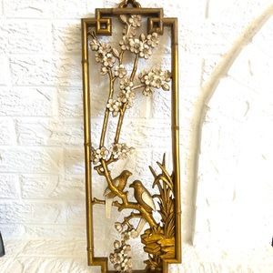 Vintage Homco Gold Bamboo and Bird Wall Hanging